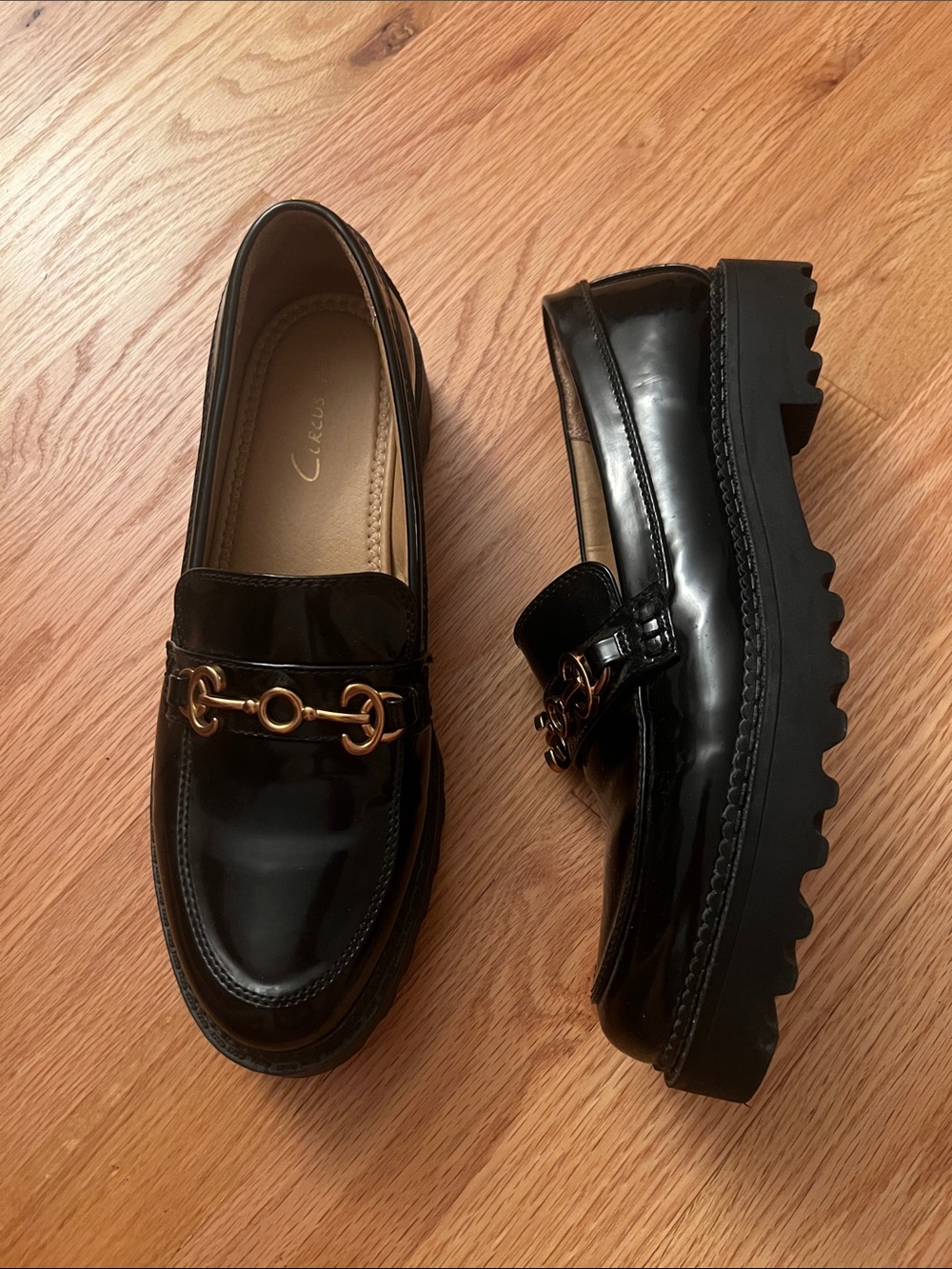 Circus by Sam Edelman Black Patent Lug Sole Loafers with Gold Horsebit